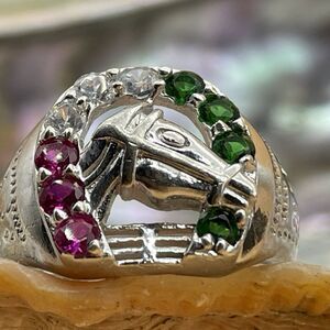 Horseshoe Ring Sterling Silver .925 Men’s Size 8 Red Ruby White Green Glass